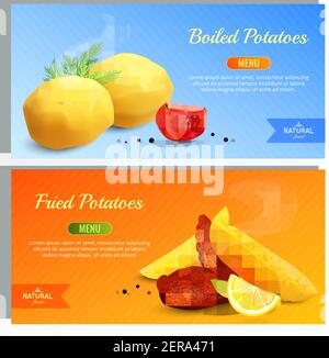 Boiled and fried potatoes decorated with red tomato dill and lemon realistic banners vector illustration Stock Vector