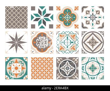 Tile ornament colorful patchwork set, ceramic geometric abstract ornate decoration design Stock Vector