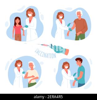 Vaccination, nurse or doctor character holding syringe, doing injection with vaccine Stock Vector