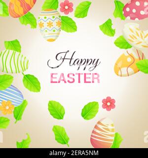 Happy Easter frame with eggs and flower, leaves. Can be used as poster, holiday card, decorative frame. Stock vector illustration in cartoon realistic Stock Vector