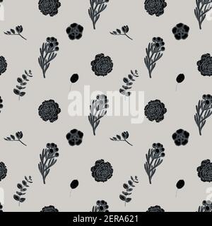 Seamless pattern with hand drawn stylized ficus, eucalyptus, peony, cotton, freesia, brunia Stock Vector