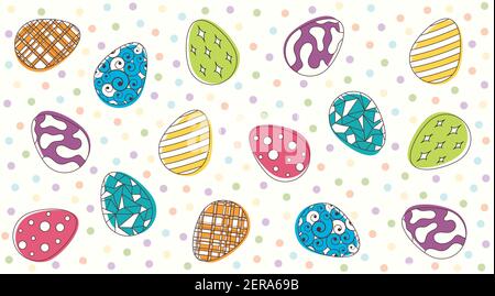 Bright vector background of Easter eggs with patterns and dots. Black linart and paint stains. Stock Vector
