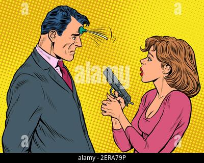 the woman pointed the gun suction Cup joke at the man. spies, agents and detectives Stock Vector