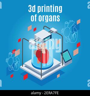 Medicine of the future isometric background composition with realistic 3d printer and human heart with text vector illustration Stock Vector