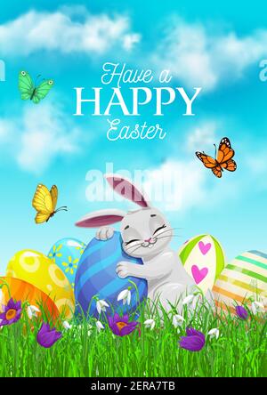 Happy Easter holiday cartoon vector poster with sleeping bunny hugging painted egg on green meadow with grass, flowers and butterflies. Easter holiday Stock Vector