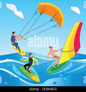 Surfing isometric composition with open sea landscape with images of clouds and different types of sailboard vector illustration Stock Vector