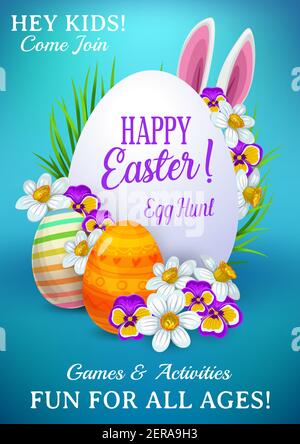 Easter holiday vector flyer with cute cartoon rabbit ears, green grass blades, decorated eggs, and flowers around of white egg with lettering. Happy E Stock Vector