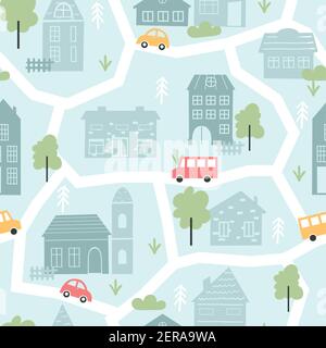 Cute city houses, childish seamless pattern, scandinavian map cityscape with old houses Stock Vector