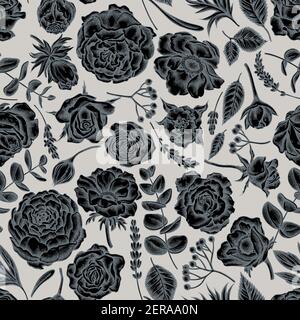 Seamless pattern with hand drawn stylized roses, anemone, eucalyptus, lavender, peony, viburnum Stock Vector