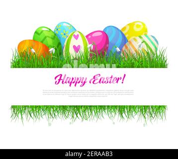 Easter grass frame with decorated eggs and spring flowers. Cartoon vector border or poster template with painted eggs lying on green grass blades fiel Stock Vector