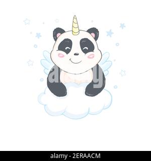 cute and funny Panda unicorn sticker template with cartoon concept use for printing and element design, vector eps10 Stock Vector