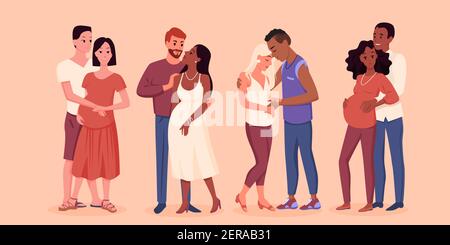 Happy young pregnant couple, man character touching belly of pregnant wife with love Stock Vector