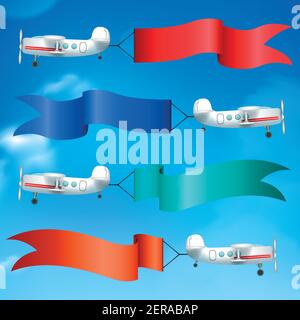 Aerial advertising airplanes parade flying giant colorful flags banners ads behind against blue sky realistic vector illustration Stock Vector