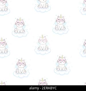 Cute seamless pattern with white cat in a unicorn costume with wings and rainbow horn. It can be used for packaging, wrapping paper, textile and etc. Stock Vector