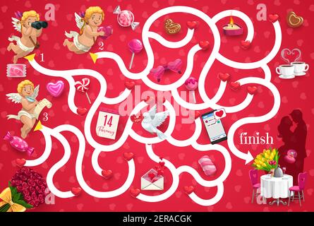 Kids maze game with Valentines day cupids and kissing loving couple. Vector labyrinth puzzle find correct way board game. Task with tangled path and a Stock Vector