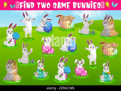 Kids game find two same bunnies. Vector puzzle with cute cartoon Easter rabbit characters with decorated eggs on green field playing, sleeping at spri Stock Vector