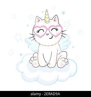 Cute cat with a horn unicorn. It can be used for sticker, patch, phone case, poster, t-shirt. Stock Vector