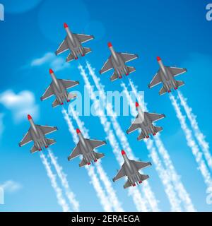 Army air force military parade jet airplanes formation condensation trails against blue sky realistic poster vector illustration Stock Vector