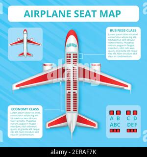 Passenger airplane seat map realistic top view layout blue background poster airline information vector illustration Stock Vector