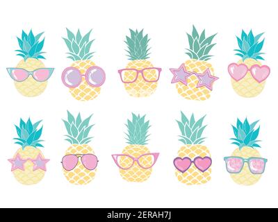 Pineapple cute set for summer tropical stickers. Vector illustration Stock Vector