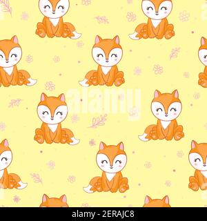 Cute Fox seamless pattern on white background, vector illustration Stock Vector