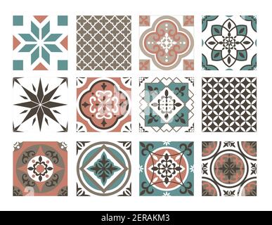 Tile colorful pattern set, abstract oriental blue brown geometric ornament collection Stock Vector
