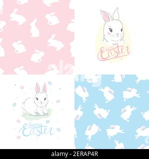 Set of seamless Easter vector paper and postcards with rabbit, hare, bunny Stock Vector