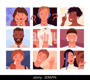 Avatars portrait profile, young woman man heads and faces in square shape collection Stock Vector