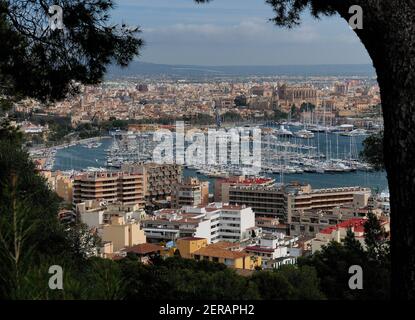 View From The Castle Bellver To The Harbor of Palma De Mallorca On Balearic Island Mallorca On A Sunny Winter Day With A Few Clouds In The Sky Stock Photo