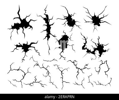 Cracks set, cleft broken cracked collapse, earthquake crash destruction black effect Stock Vector