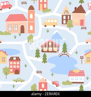 Cute city houses seamless pattern, cartoon funny map cityscape with small buildings Stock Vector