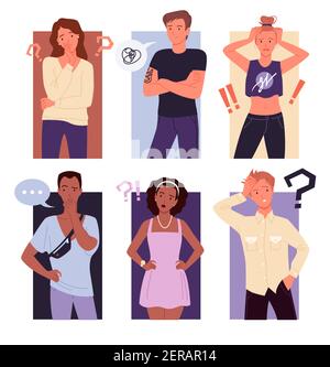 Thinking people confuse set, puzzled confused gestures of guy girl background collection Stock Vector