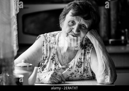 Portrait of old russian woman. Black and white photo. Stock Photo