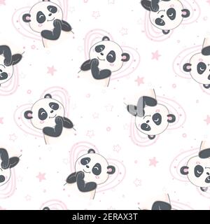 Cartoon Seamless Cute Panda Pattern. Vector, Illustration. Stock Vector