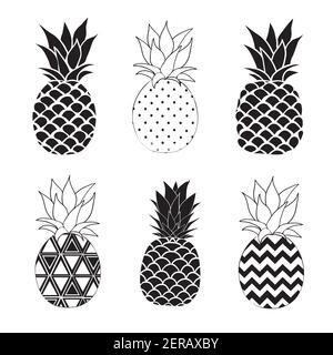 Pineapple vector black silhouette and sketch. Vector illustration. Stock Vector