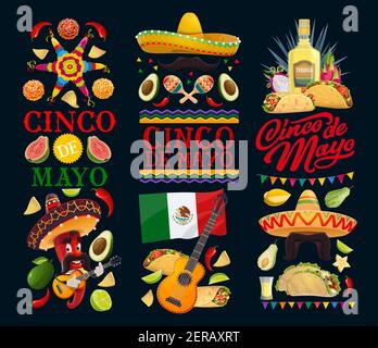 Cinco de Mayo vector icons pinata, clove flower and mariachi jalapeno pepper musician with mustache in sombrero playing guitar. Maracas, fruits, tequi Stock Vector