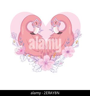 Lovely flamingos, hand drawn vector illustration. Stock Vector