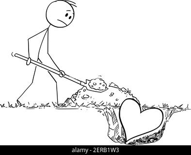Man with shovel burying heart. Concept of lost love. Vector cartoon stick figure or character illustration. Stock Vector