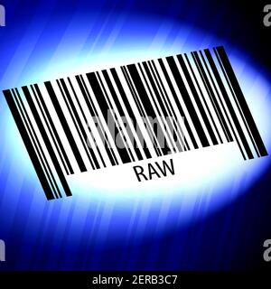 Raw - barcode with futuristic blue background Stock Photo