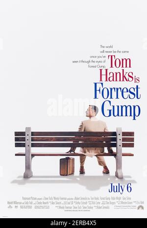 Forrest Gump (1994) directed by Robert Zemeckis and starring Tom Hanks, Robin Wright and Gary Sinise. Adaptation of Winston Groom's novel about a man with an IQ of 75 who takes part in defining historical events in modern American history and has a remarkable life. Stock Photo