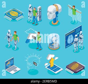 Backup personality isometric icons set with isolated images of cyborg electronic parts pictograms and human characters vector illustration Stock Vector