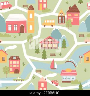 Cute town or village houses, childish seamless pattern, townscape with river and bridge Stock Vector