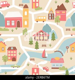 House village with river, seamless pattern texture in cute colors, community town map Stock Vector