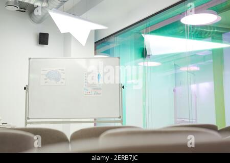 Whiteboard and equipment in white wall background for copy space