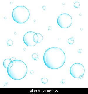Realistic blue underwater bubbles on white background. Aquarium water stream, soap or cleanser foam. Vector illustration. Stock Vector
