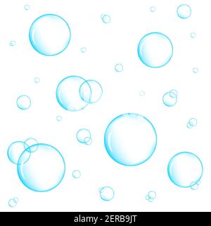 Realistic blue underwater bubbles on white background. Aquarium water stream, soap or cleanser foam. Vector illustration. Stock Vector