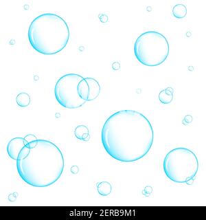 Realistic blue underwater bubbles on white background. Aquarium water stream, soap or cleanser foam. Vector illustration. Stock Vector