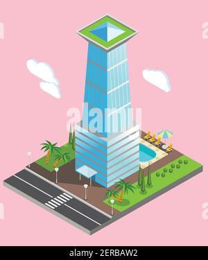 Isometric futuristic sky scraper from glass with environment infrastructure on pale pink background vector illustration Stock Vector