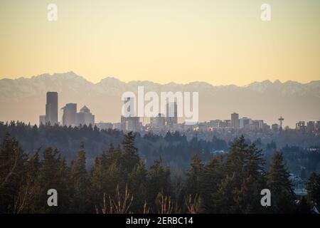 Sunset Seattle skyline view on sunny winter day. Stock Photo