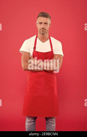 Hospitality staff. Barista handsome worker. Man cook wear apron. Mature  barista. Restaurant staff. Hipster professional barista apron uniform.  Waiter or bartender. Cafe bar barista job position Stock Photo by ©stetsik  420619006